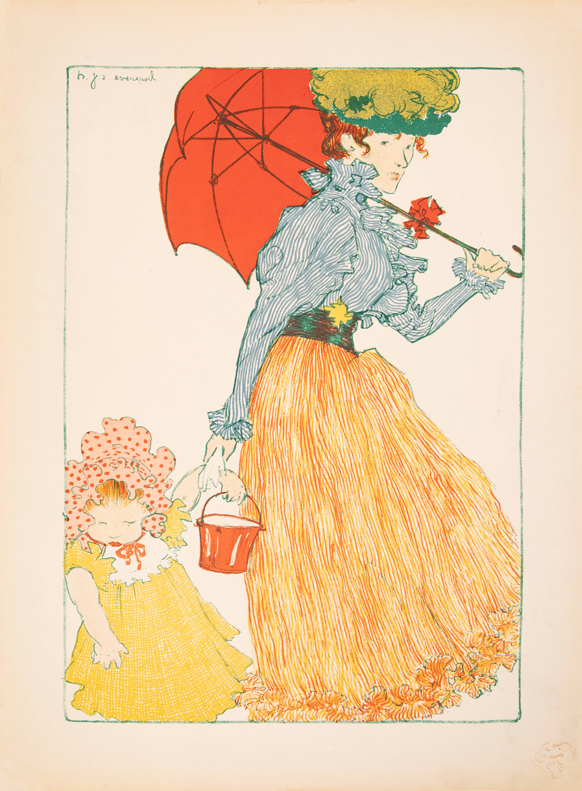 French print of a woman with a red umbrella in one hand, and a bucket and the hand of a little girl wearing a yellow dress in the other.